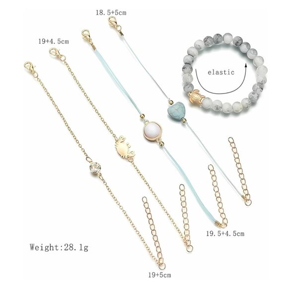 🍒2/$25 NATURAL Stone Charm 🦀 Crab Turntle Heart CZ Pendant Bracelet Set of 5 - Picture 4 of 9